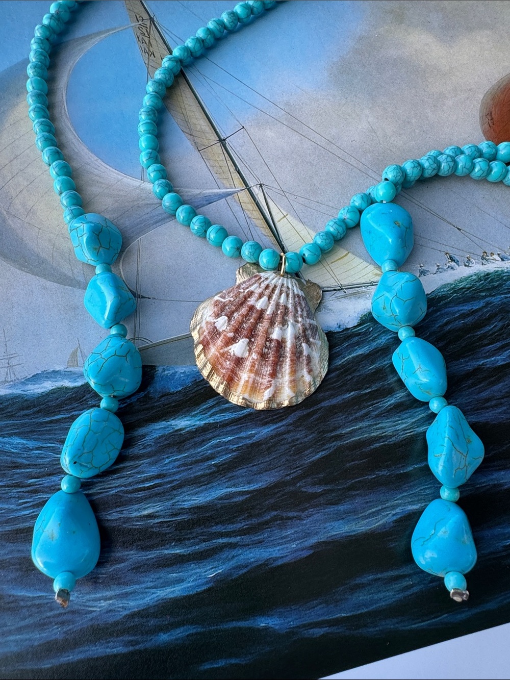 Turquoise Beaded Women's Necklace - Natural Shell Accent